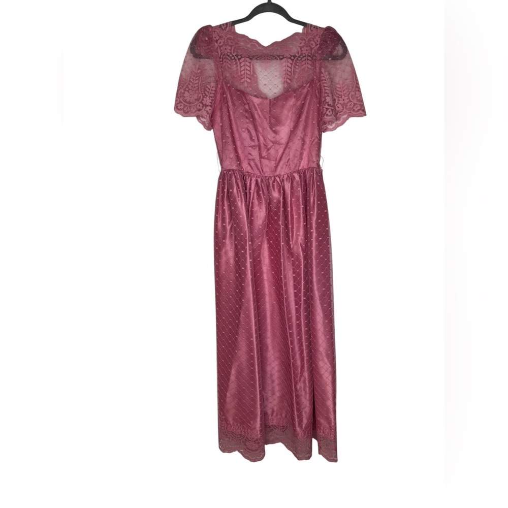 ๐ Vintageโ Pink Lace Tea Dress Formal Dance Midi Small Belt Loops โจ
